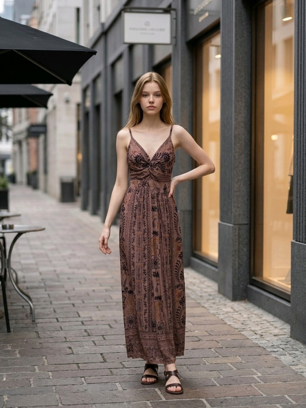 Angie Brown Cami Maxi Dress Black Paisley, Scrolling Floral Borders M